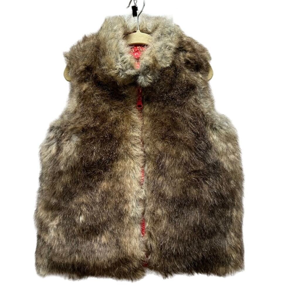 Baby Gap Reversible Vest Red Ditsy Floral Faux Fur Pockets Outdoors Warm Cozy 3T